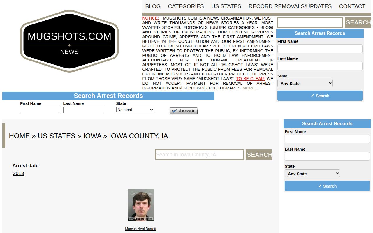 Sparse Mugshots.com Iowa County archive page