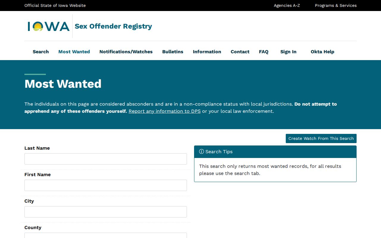Official Iowa registry most wanted search for Iowa County warrant information